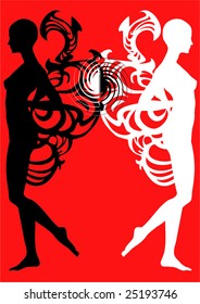 Vector silhouettes of two abstract girls on a red background.