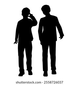Vector silhouettes of  two boys, couple of walking children, front view, profile, black isolated on white background