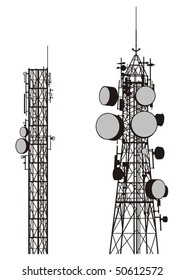 Siluetas de Vector de dos torres de comunicación aisladas en blanco.