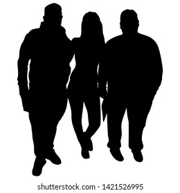 Vector silhouettes of two full men next to a slim girl.