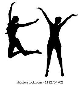 Vector silhouettes of two girls in full growth proportions of a person, A joyful girl is standing on the toes of her hands up in the sides of the other jumped up, hovers in the air.