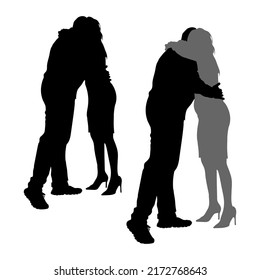 Vector silhouettes of two hugging people, a married couple, a man and a woman rejoice, a couple in love on a date. Pregnant woman.