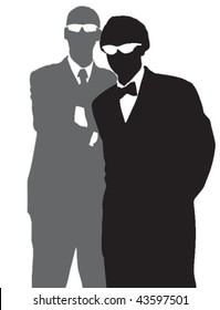 Vector silhouettes of two men dressed in tuxedos and wearing sunglasses. One is in black and the other in gray.