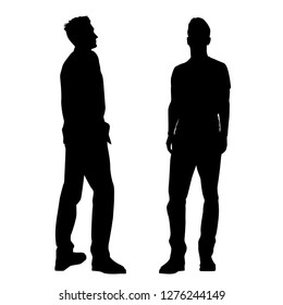 Vector Silhouettes Of Two Men Standing, Business People, Black Color Isolated On White Background