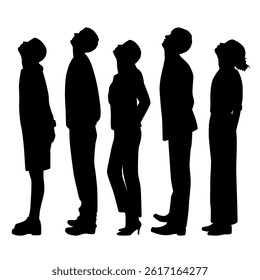 Vector silhouettes of  two men and trhree women, a group of standing business people,looking up, profile, black  color isolated on white background