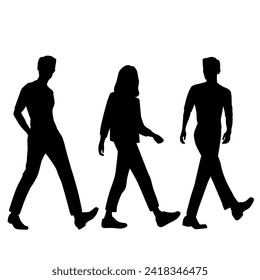 Vector silhouettes of two men and a woman, a group of walking business people, profile, black  color isolated on white background