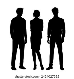 Vector silhouettes of  two men and woman  a group of standing   business people, profile, black  color isolated on white background