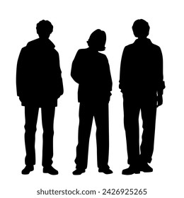 Vector silhouettes of  two men and woman  a group of standing   business people, profile, black  color isolated on white background