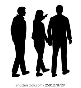 Vector silhouettes of two men and woman, group of walking business people, back view, profile, black color isolated on white background