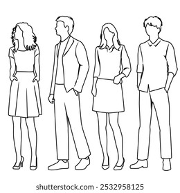 Silhuetas vetoriais de dois homens e duas mulheres, casal, grupo de empresários em pé, perfil, desenho de mão, esboço linear, cor preta e branca isolada no fundo branco