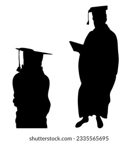 Vector silhouettes of two people Graduation celebration event. Isolated illustration on white background.