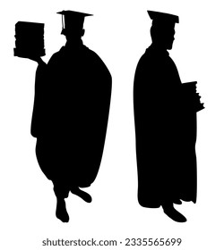 Vector silhouettes of two people Graduation celebration event. Isolated illustration on white background.