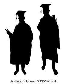 Vector silhouettes of two people Graduation celebration event. Isolated illustration on white background.