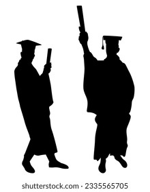 Vector silhouettes of two people Graduation celebration event. Isolated illustration on white background.