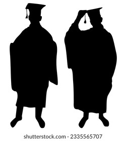 Vector silhouettes of two people Graduation celebration event. Isolated illustration on white background.