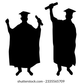 Vector silhouettes of two people Graduation celebration event. Isolated illustration on white background.