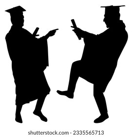 Vector silhouettes of two people Graduation celebration event. Isolated illustration on white background.