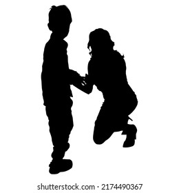 Vector silhouettes of two people, a man and a woman, mom and little son. The mother kneels in front of the child and holds his hands. Communication, care, education.