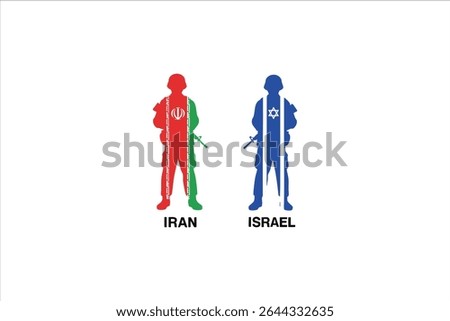 Vector silhouettes of two soldiers filled with the patterns of the Iranian and Israeli flags, representing their respective armed forces.