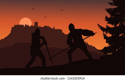 Vector silhouettes of two warriors fighting in a forest under the ruins of a medieval castle - Slovakia, Spis castle