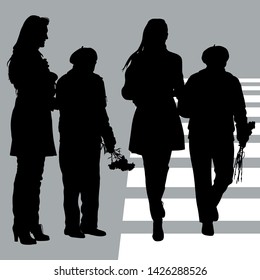 Vector silhouettes of two women of different ages, young and old. The concept of caring for the elderly, the day of the elderly, grandmothers day. 