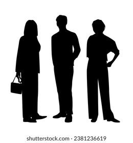 Vector silhouettes of  two women and a man, a group of standing   business people, profile, black  color isolated on white background