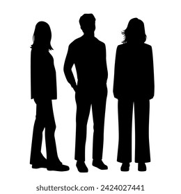 Vector silhouettes of  two women and man, a group of standing   business people, profile, black  color isolated on white background