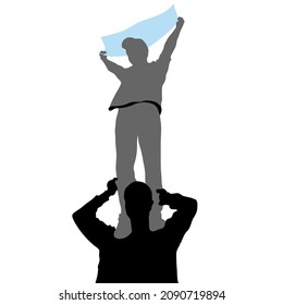 Vector silhouettes of two young people. A boy stands on the shoulders of a man and holds a poster in his hands. Isolated on white background