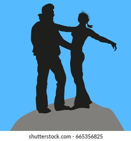 Vector silhouettes of two young people. A pair of a guy and a girl in full growth stand beautifully on top of a cliff, the wind develops hair, for the design of postcards for Valentine's Day.