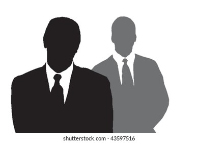 Vector silhouettes of the upper halves of two businessmen. One is black, the other is gray.