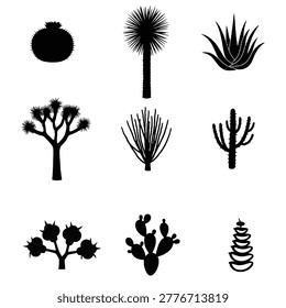 Vector Silhouettes of Various Cactus and Desert Plants Set