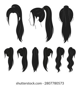 Vector silhouettes of various horse breeds in standing and walking poses