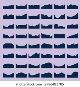 Vector silhouettes of various landscape profiles in dark blue on a light purple background, showcasing diverse terrain shapes.