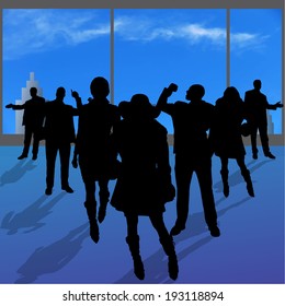 Vector silhouettes of various people in the hall.