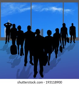 Vector silhouettes of various people in the hall.