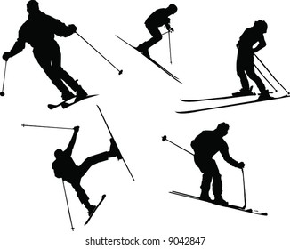 Vector Silhouettes of Various People Skiing