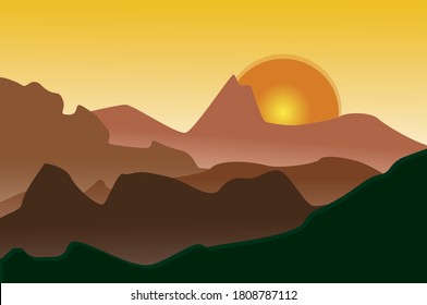 Siluetas vectoriales con vistas a las montañas y al amanecer o al atardecer
