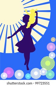 Vector silhouettes of walking mother with child on the shoulder in the sun and blue sky.
