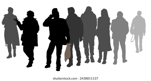 Vector silhouettes of walking people. Large group of men and women on a walk.