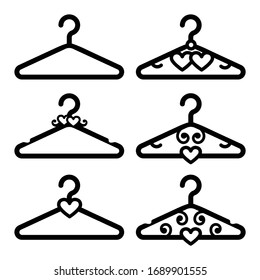 Vector silhouettes of wedding hangers. Laser cutting templates. Wedding celebration decor for groom, bride, bridesmaid and groomsman .Vector illustration isolated on white background.