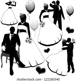 Vector of silhouettes wedding pairs in different situations