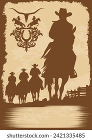 Vector silhouettes western poster - 4 riders on horses - frame and vintage wild west design elements - western riding