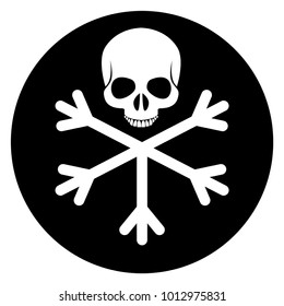 Vector silhouettes of a white snowflake with a skull isolated on a black background.