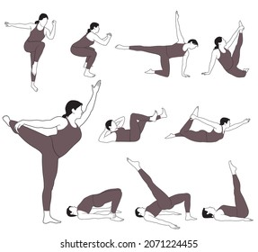 Siluetas vectoriales de mujeres disfrazadas haciendo ejercicios de fitness y yoga.  Contornos de chicas estirando su cuerpo en diferentes poses de yoga. Conjunto de íconos de la mujer aislados en fondo blanco.