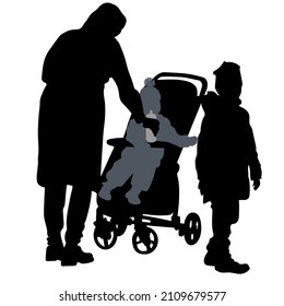 Vector silhouettes of a woman with 2 children. The child is sitting in the stroller, the boy is standing next to him. Mom leaned over the baby with a baby bottle in her hand.