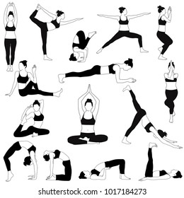 Vector silhouettes of woman in costume practicing yoga. Shapes of slim girl doing yoga exercises in different poses isolated on white background. Yoga icons.