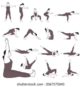 Vector silhouettes of woman in costume practicing yoga exercises. Set of shapes of girl doing fitness workout. Set of yoga position icons.  