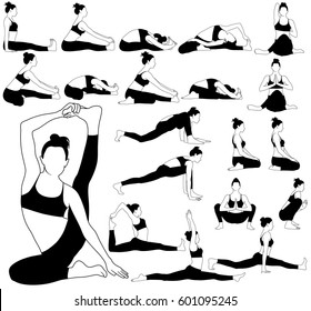 Vector silhouettes of woman in costume stretching her body, legs and spine in different yoga poses. Detailed shapes of slim flexible girl practicing yoga.