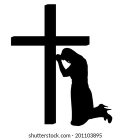 Vector silhouettes of woman at the Cross on white background.