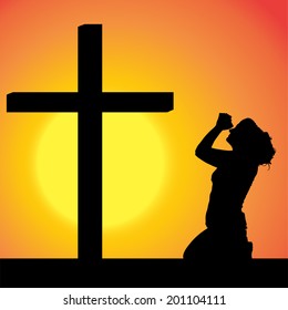 Vector silhouettes of woman at the Cross at sunset.